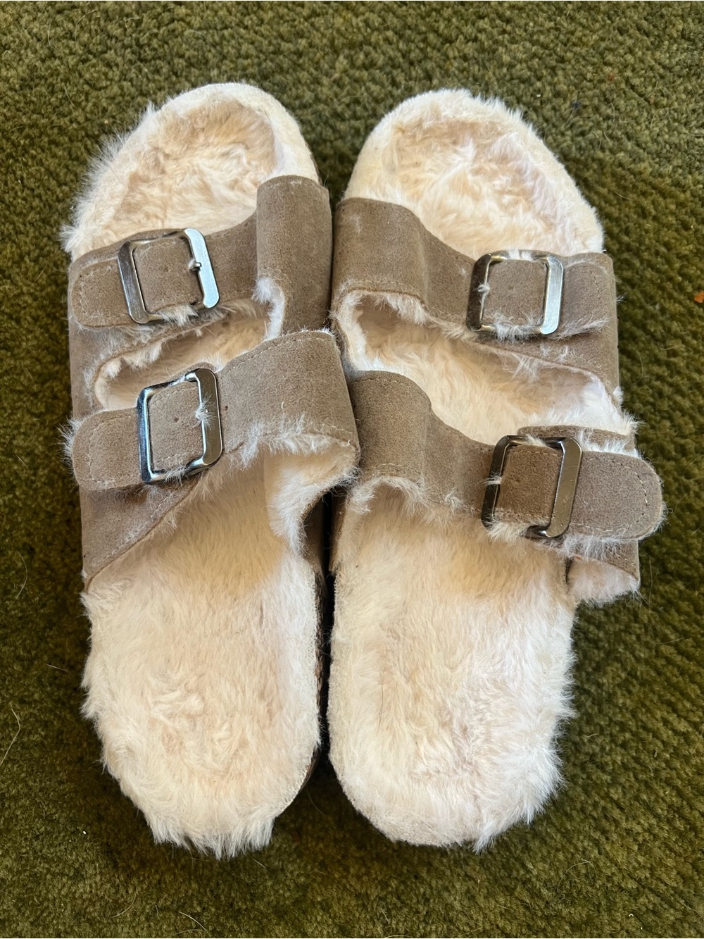 Women's Taupe Faux-Fur Double-Buckle Slide Sandals